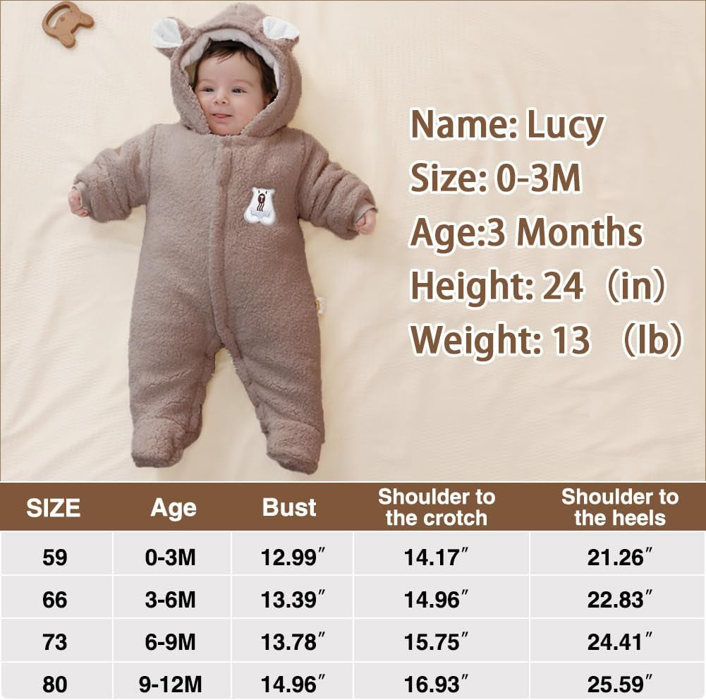 Baby Newborn Jumpsuit Footie Romper Hooded Warm Thicken Winter Bunting Outwear Snowsuit Pajamas for Girls Boys